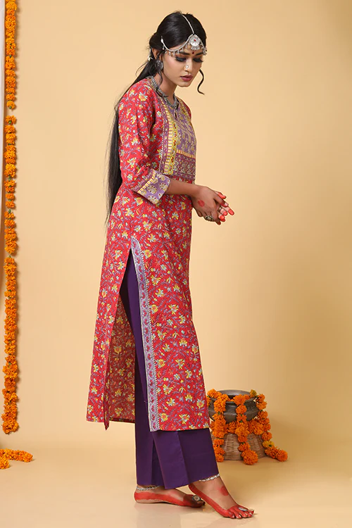 Shuddhi Red and Yellow Handblock Printed kurta with Kota Duppatta - Image 4