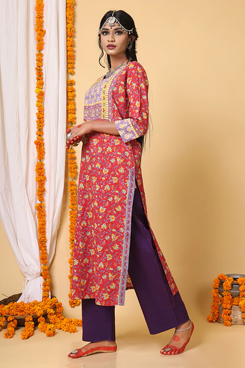 Shuddhi Red and Yellow Handblock Printed kurta with Kota Duppatta - Image 5