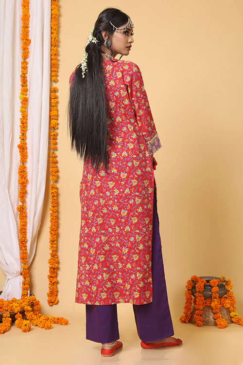 Shuddhi Red and Yellow Handblock Printed kurta with Kota Duppatta - Image 6