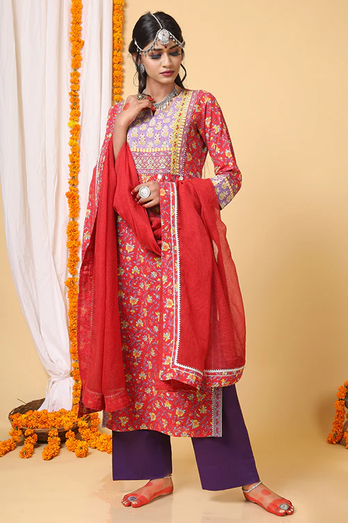 Shuddhi Red and Yellow Handblock Printed kurta with Kota Duppatta - Image 8