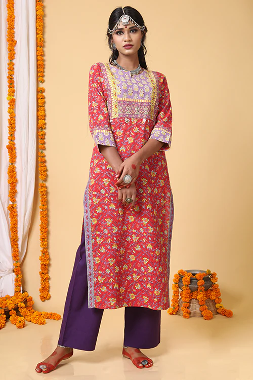 Shuddhi Red and Yellow Handblock Printed kurta with Kota Duppatta - Image 9
