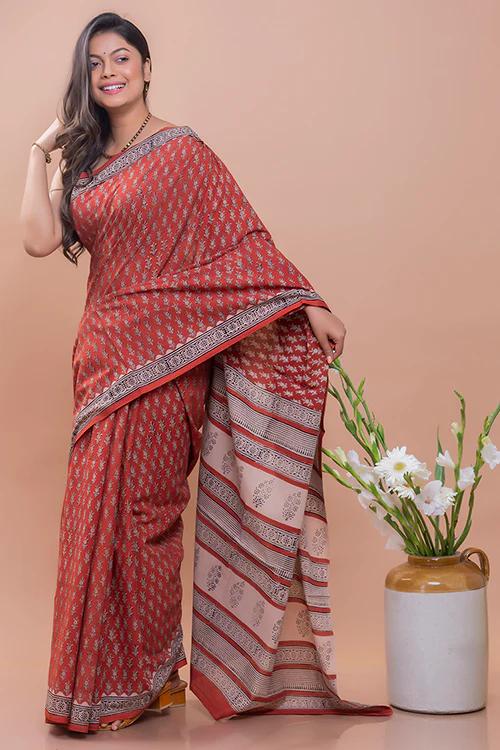 TICH Summer Classics. Bagru Block Printed Mulmul Cotton Saree - Red Flora