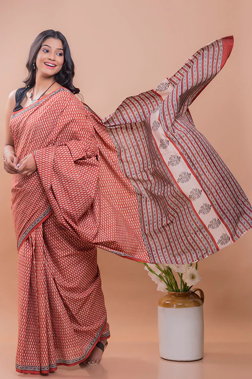 TICH Summer Classics. Bagru Block Printed Mulmul Cotton Saree - Red Leaf