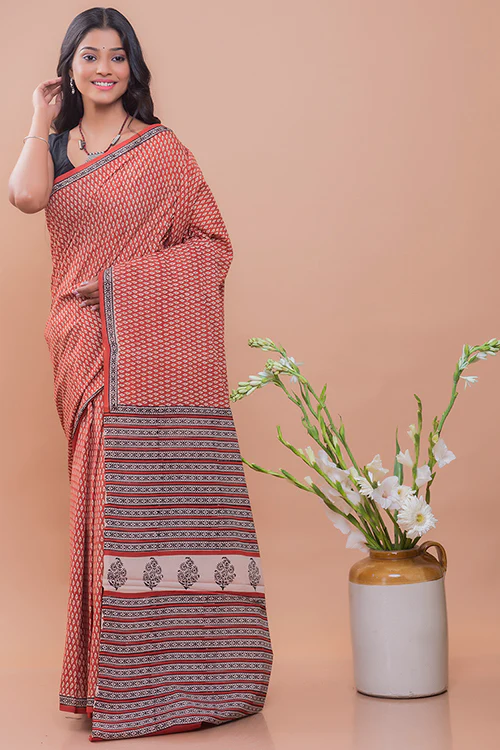 TICH Summer Classics. Bagru Block Printed Mulmul Cotton Saree - Red Leaf - Image 4