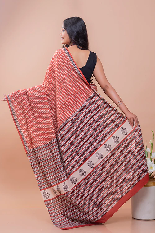 TICH Summer Classics. Bagru Block Printed Mulmul Cotton Saree - Red Leaf - Image 5