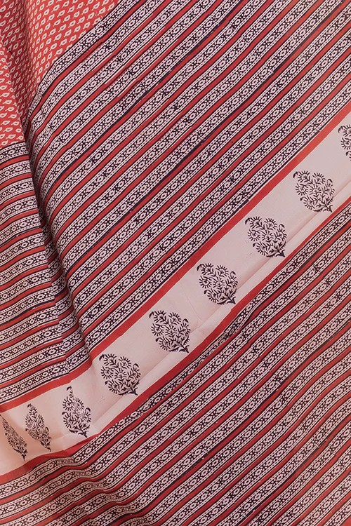 TICH Summer Classics. Bagru Block Printed Mulmul Cotton Saree - Red Leaf - Image 6