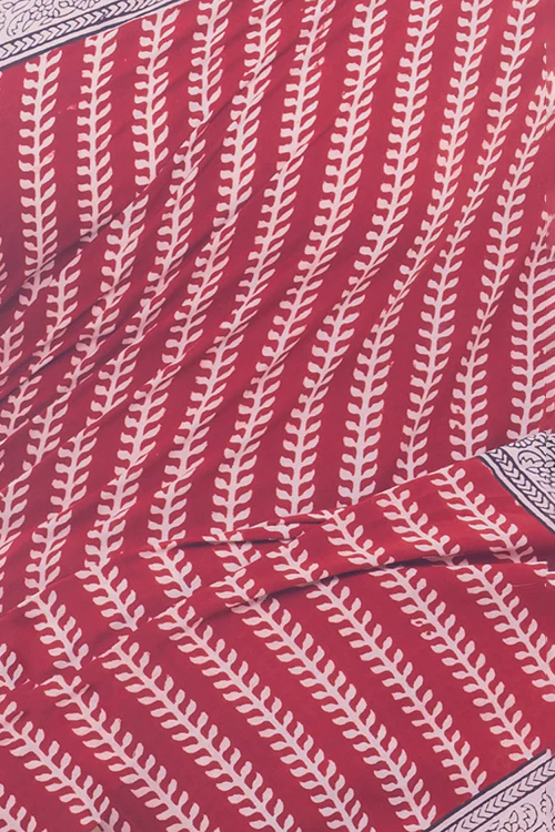 TICH Bagh Hand Block Printed Cotton Saree - Red & White Vine - Image 3