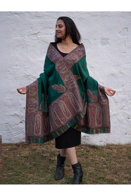 TICH Regal Statement. Exclusive Soft Jamavar Design Kashmiri Shawl - Emerald Green