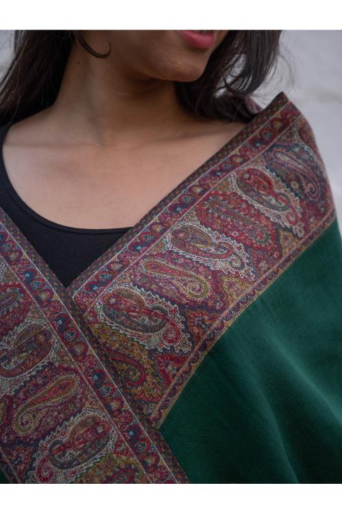 TICH Regal Statement. Exclusive Soft Jamavar Design Kashmiri Shawl - Emerald Green - Image 6