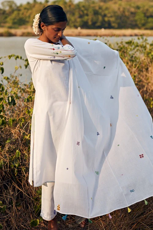 Okhai 'Reverie' Hand Embroidered Pure Cotton Kurta-Pant-Dupatta Set - Image 8