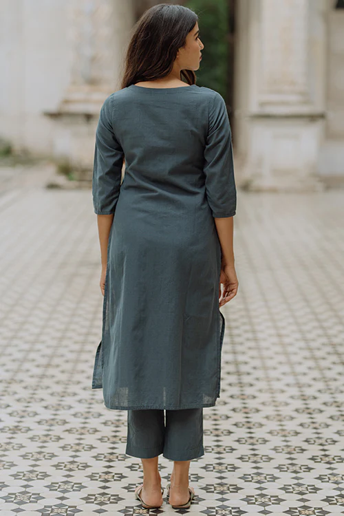Okhai 'River Bed' Hand Embroidered Mirror Work Kurta Pant Set - Image 3