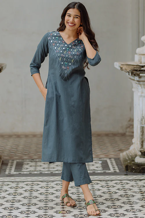 Okhai 'River Bed' Hand Embroidered Mirror Work Kurta Pant Set - Image 4