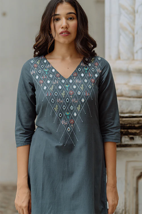 Okhai 'River Bed' Hand Embroidered Mirror Work Kurta Pant Set - Image 5