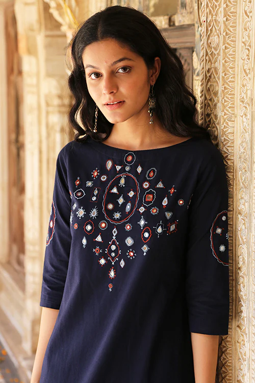 Okhai 'Riverbank' Pure Cotton Hand Embroidered Mirror Work Kurta Pant Set - Image 3