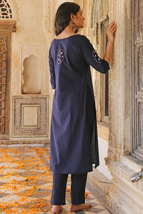 Okhai 'Riverbank' Pure Cotton Hand Embroidered Mirror Work Kurta Pant Set - Image 4