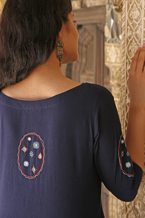 Okhai 'Riverbank' Pure Cotton Hand Embroidered Mirror Work Kurta Pant Set - Image 5