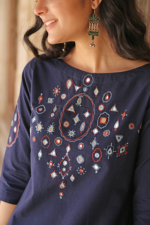Okhai 'Riverbank' Pure Cotton Hand Embroidered Mirror Work Kurta Pant Set - Image 6