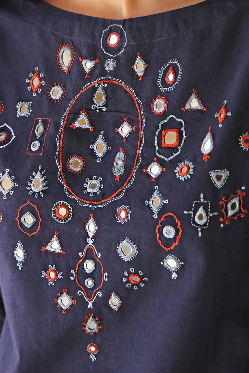 Okhai 'Riverbank' Pure Cotton Hand Embroidered Mirror Work Kurta Pant Set - Image 8