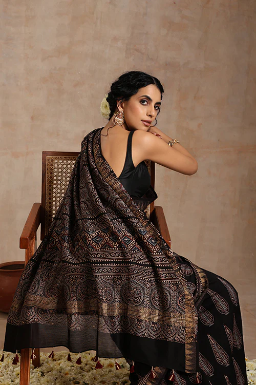 Tenaaro Ajrakh Hand Block Printed Chanderi With Maheshwari Border Saree - Image 8