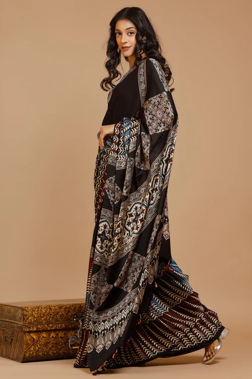 Tenaaro Ajrakh Hand Block Printed Modal Saree - Image 2