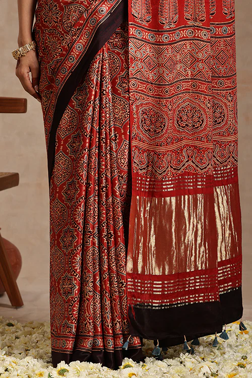 Tenaaro Ajrakh Hand Block Printed Modal Tissue Pallu Saree - Image 2
