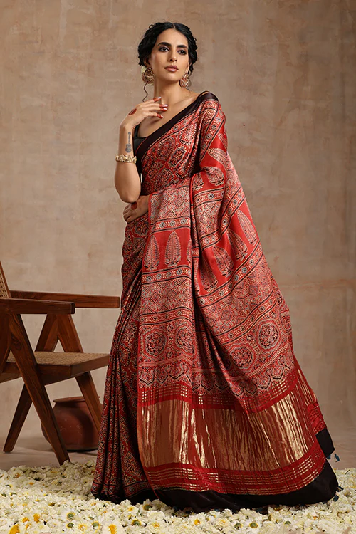 Tenaaro Ajrakh Hand Block Printed Modal Tissue Pallu Saree - Image 3