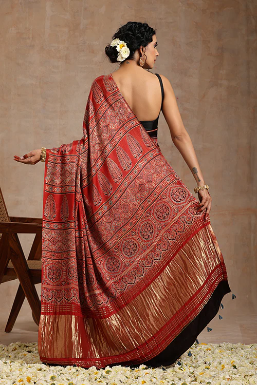 Tenaaro Ajrakh Hand Block Printed Modal Tissue Pallu Saree - Image 4