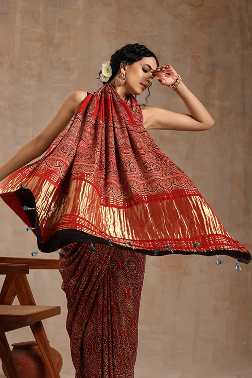 Tenaaro Ajrakh Hand Block Printed Modal Tissue Pallu Saree - Image 6