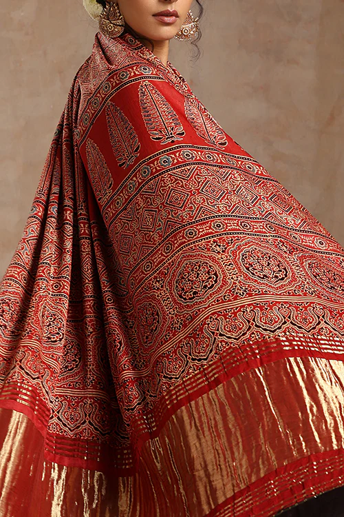 Tenaaro Ajrakh Hand Block Printed Modal Tissue Pallu Saree - Image 8