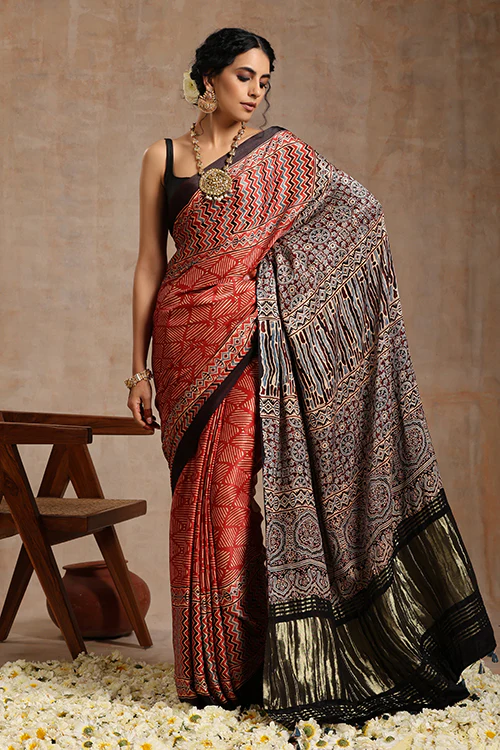 Tenaaro Ajrakh Hand Block Printed Modal Tissue Pallu Saree