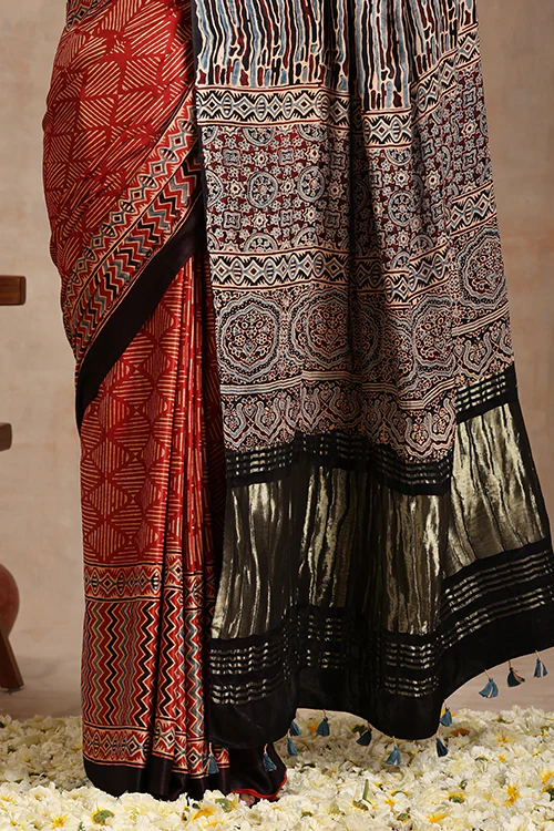 Tenaaro Ajrakh Hand Block Printed Modal Tissue Pallu Saree - Image 2