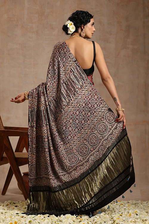 Tenaaro Ajrakh Hand Block Printed Modal Tissue Pallu Saree - Image 4