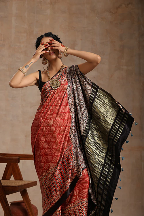 Tenaaro Ajrakh Hand Block Printed Modal Tissue Pallu Saree - Image 6