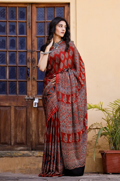 Tenaaro Ajrakh Hand Block Printed Modal Saree - Image 4