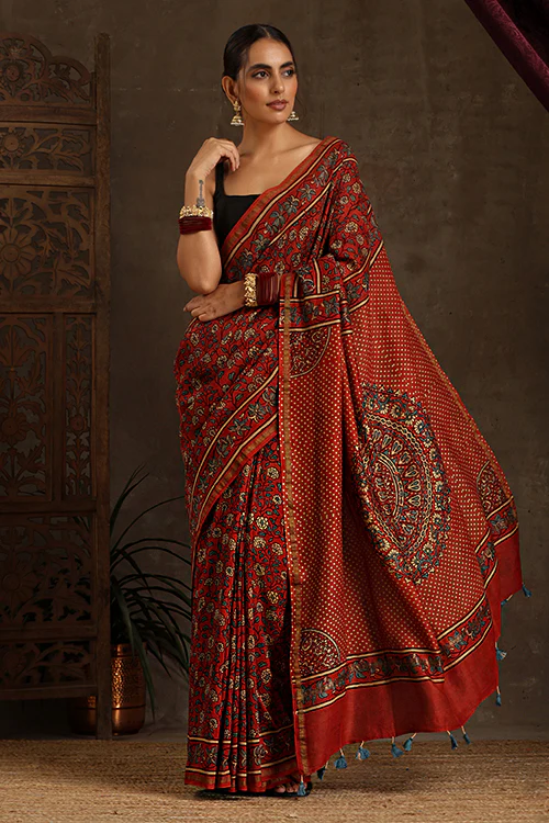 Tenaaro Ajrakh Hand Block Printed Chanderi Silk Saree