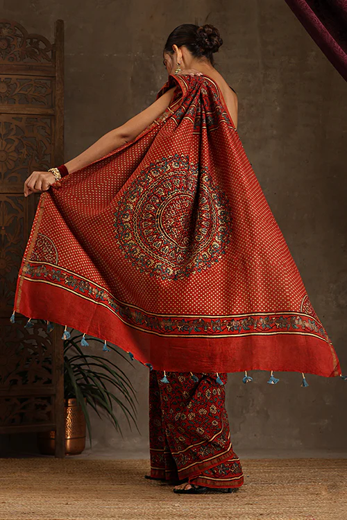 Tenaaro Ajrakh Hand Block Printed Chanderi Silk Saree - Image 6