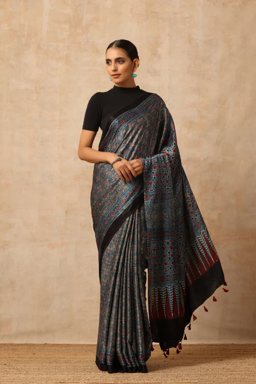 Tenaaro Ajrakh Hand Block Printed Modal Satin Saree - Image 2
