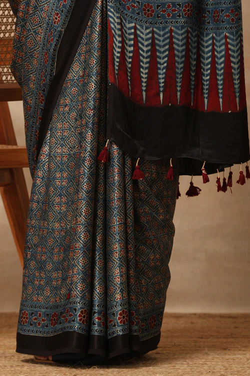 Tenaaro Ajrakh Hand Block Printed Modal Satin Saree - Image 4