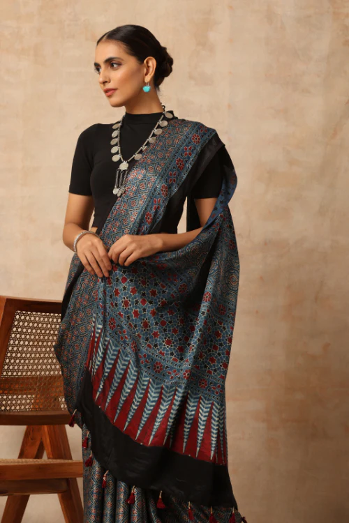 Tenaaro Ajrakh Hand Block Printed Modal Satin Saree - Image 5