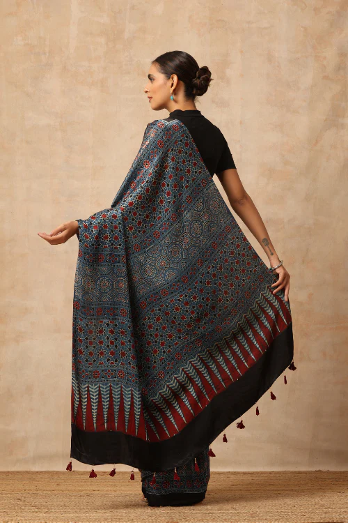 Tenaaro Ajrakh Hand Block Printed Modal Satin Saree - Image 7