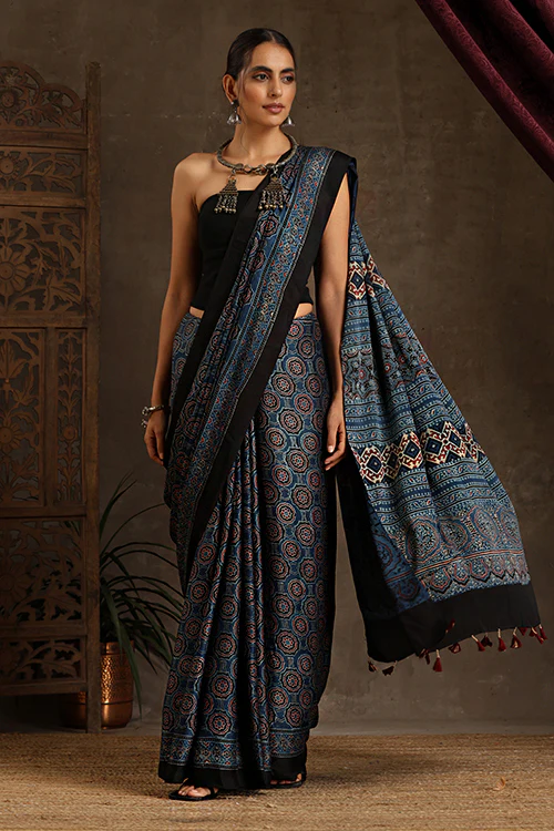 Tenaaro Ajrakh Hand Block Printed Modal Satin Saree