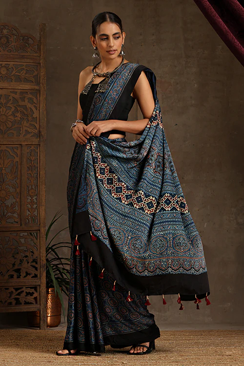 Tenaaro Ajrakh Hand Block Printed Modal Satin Saree - Image 2