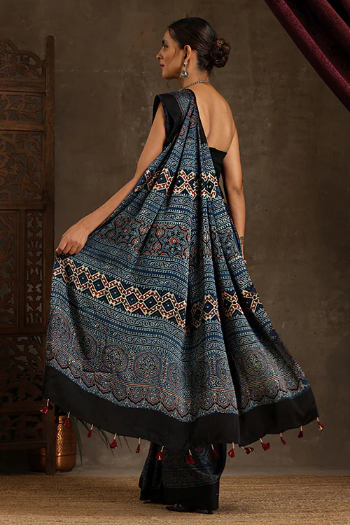 Tenaaro Ajrakh Hand Block Printed Modal Satin Saree - Image 5