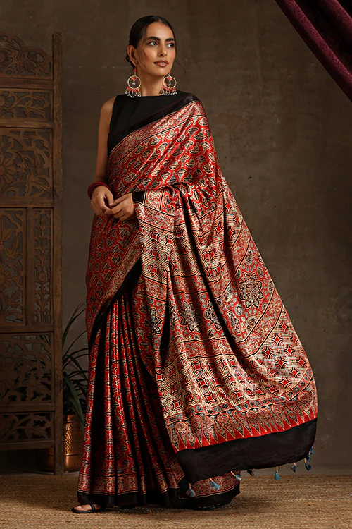 Tenaaro Ajrakh Hand Block Printed Modal Satin Saree