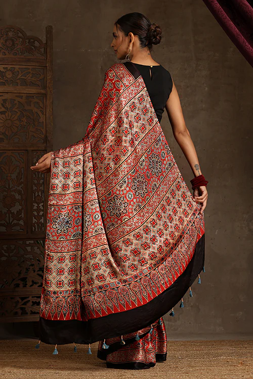 Tenaaro Ajrakh Hand Block Printed Modal Satin Saree - Image 4