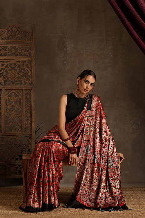 Tenaaro Ajrakh Hand Block Printed Modal Satin Saree - Image 5