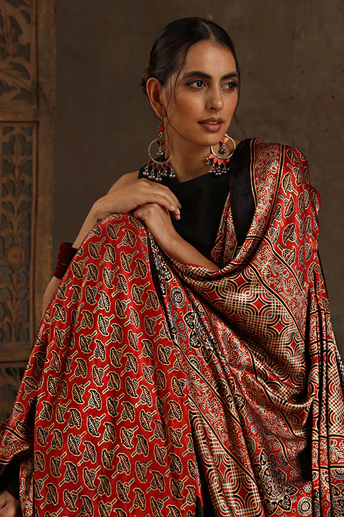 Tenaaro Ajrakh Hand Block Printed Modal Satin Saree - Image 6