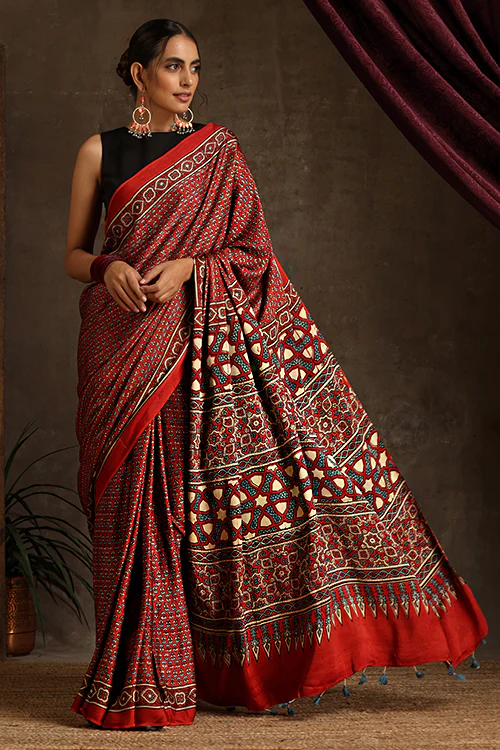 Tenaaro Ajrakh Hand Block Printed Modal Satin Saree