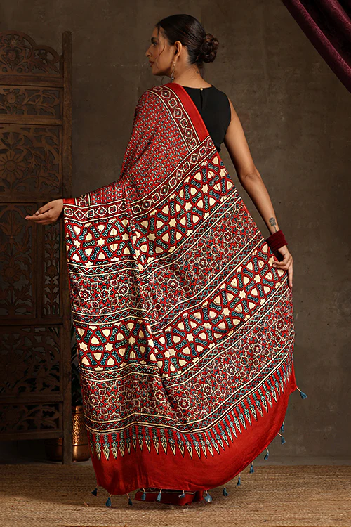 Tenaaro Ajrakh Hand Block Printed Modal Satin Saree - Image 4