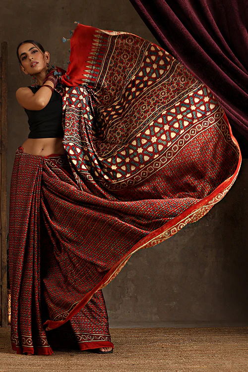 Tenaaro Ajrakh Hand Block Printed Modal Satin Saree - Image 5